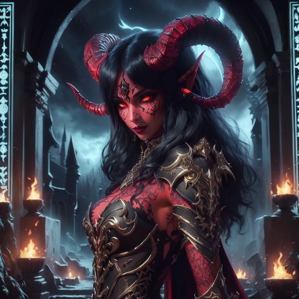 a painting of a holy succubus with horns, in prayer with upraised hands, gloves, vampire the masquerade bloodlines, incredible art, gloomy background, nimbus, church ragged vestments, darksketch, minimalism