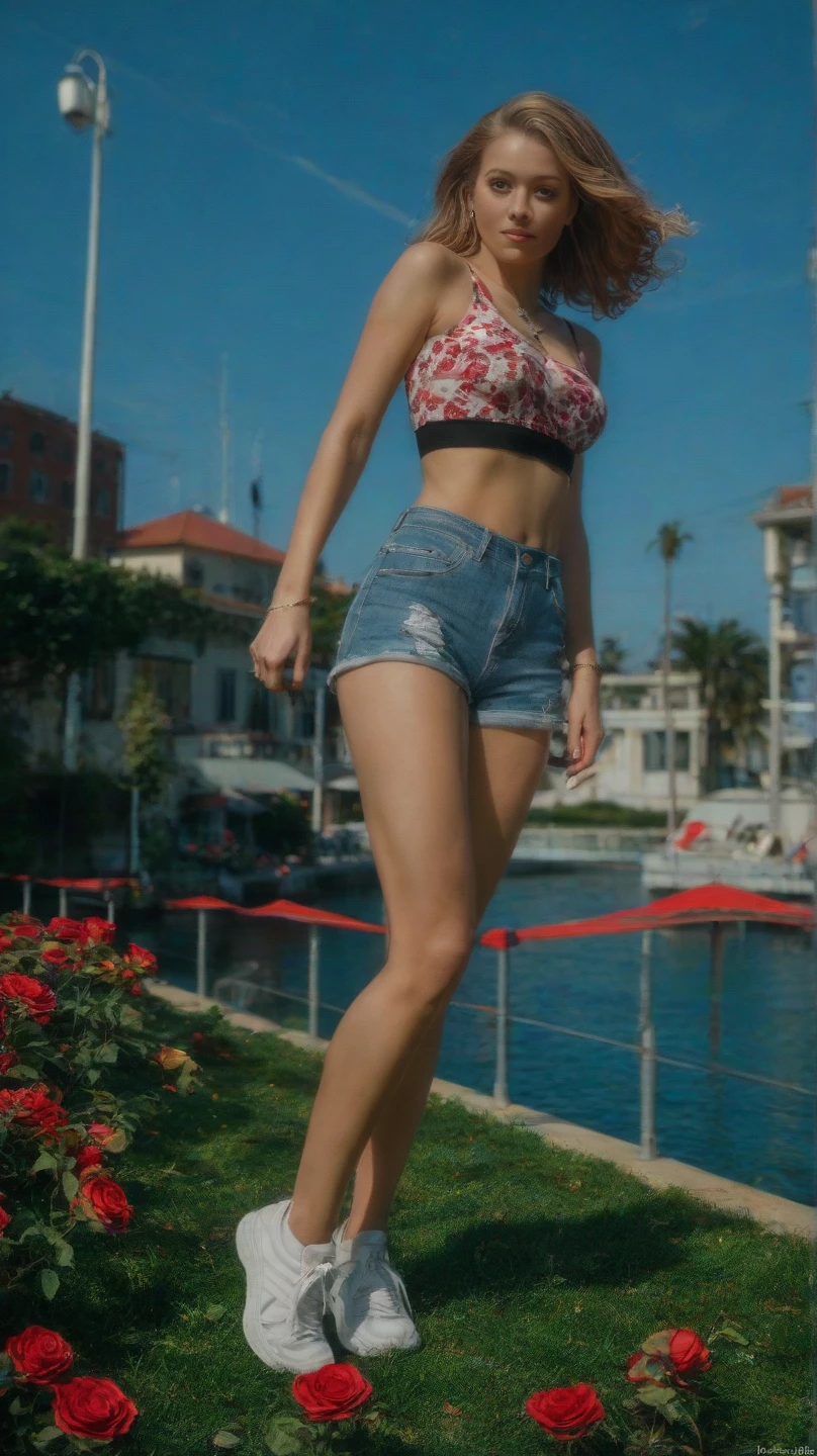 Masterece-piece, ultra high definition photo quality, special effects cinematic camera work, building street, very beautiful 5m height giant female athlete and 160cm tall pants single piece young man, pixie cut, tan, looking down and mocking, tiny micro bikini, strapless, ultra-small mini skirt, very long beautiful burly legs, barefoot, very long tongue, drooling, evil desire, very exposed skin, very beautiful sweaty skin, armpit sweat, armpit hair, looking up from below, looking up, contrast with the surroundings, dirty skin, leg scratches, dirty soles,