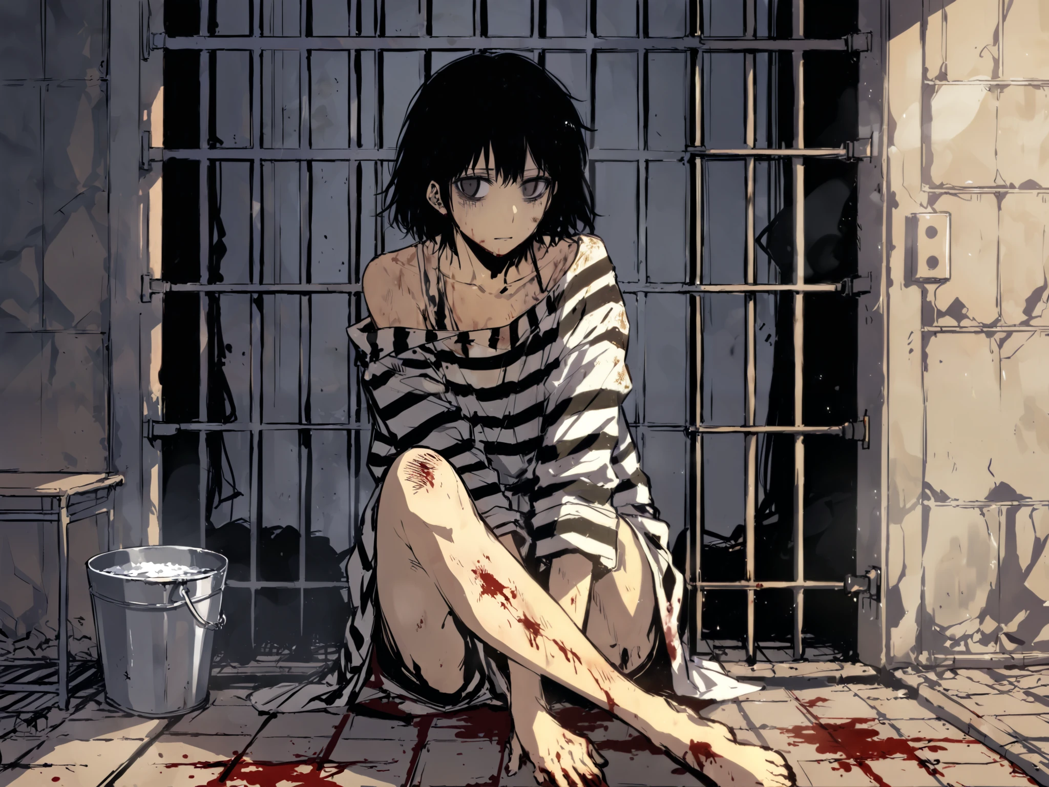 Young starving ren in old and dirty prison clothes, looking at the viewer, dirty clothes, dirty, dirty shoulder lenght black hair , empty eyes, blood the ground, Sitting on the wet and dirty floor, intricate sketch, A small ray of sunshine coming from the side , un-zoom, highly detailed, Old prison cell background , The empty stare, An old, dirty, damp prison cell with two benches, a rope, and a bucket.