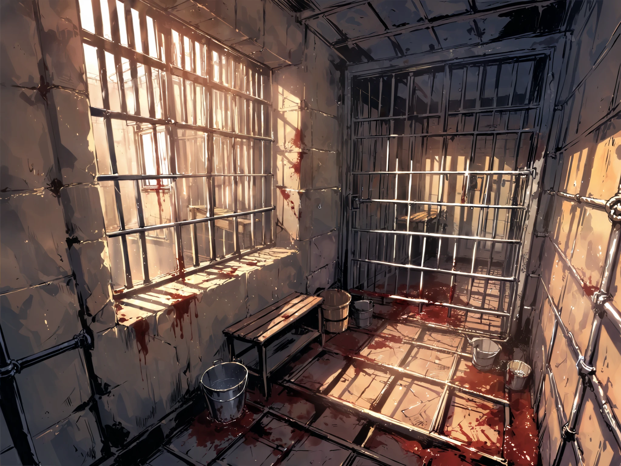 Prison cell, blood the ground, wet and dirty floor, intricate sketch, A small ray of sunshine coming from the side of the small Window bars , Only a window with bars, un-zoom, highly detailed, Old prison cell background , An old, dirty, damp prison cell with two benches, a rope, and a bucket.