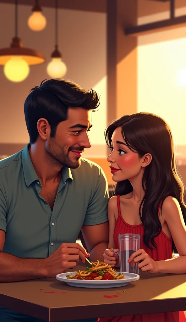 A man, handsome face, with a pretty lady, the pretty lady has short brown hair, pretty face, both of them wearing hyper clothes, inside the house, indoor, having fun, laughing, real cartoon 3D, fantasy
