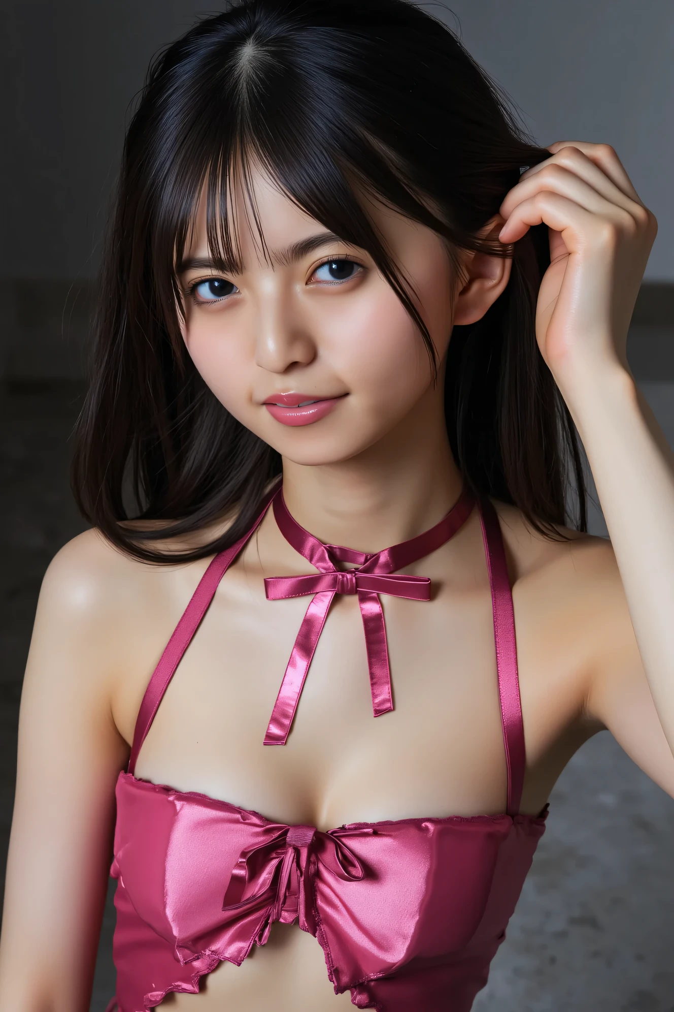 ((masterpiece, Highest quality, High resolution、Everything is beautifully detailed)), 1 girl, (Realistic: 1.4), alone, White Background, snow-White Background, Mouth closed, smile, smile, Beautiful black hair, short hair, Big eyes, Transparent double eyelids, eyelash, Listen carefully, Long neck, 美しくLong neck, Absolute area, ((Face close-up)), (Draw the whole head, shoulder), 19 years old, Attractive proportions, Glowing Skin, Beautiful clavicle, Golden ratio face, Perfect Face, Teardrop-shaped mole, chestのほくろ, bangs, clean bangs, beautiful bangs, Lip gloss, Thin lips, Fair skin, naked, Big Breasts, {Huge|big|Hugeな|Mega} chest, chestの谷間,Small face, Small face, All the heads are painted, shoulder all drawn, Point slightly above the camera