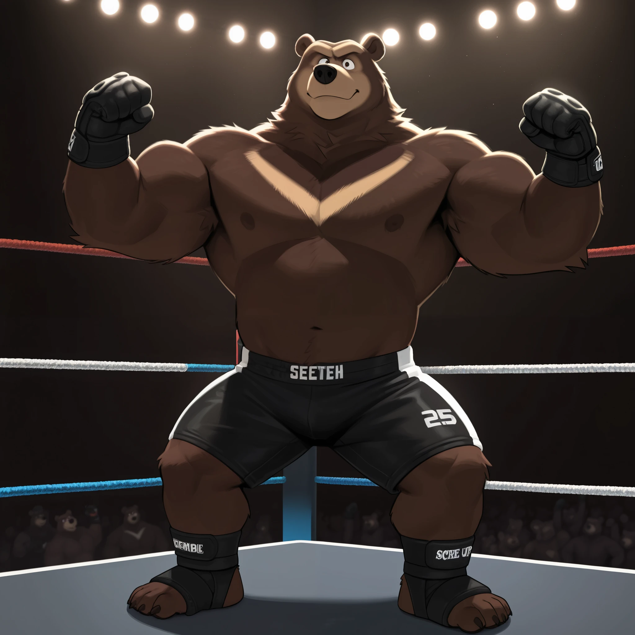 score_9, score_8_up, score_7_up, cartoon_style, ((by BodiPhantom)), 4k, 8k, The best quality, very well drawn, detailed, high quality, detailed, 4k, high resolution, high quality, high resolution, furry character, ursine, BodiPhantom, Himalayan bear, bear, boy, (sexy), thick arms, huge arms, 350lbs, (dark brown fur)), lights, fighting ring, stances, seething, standing on the caged ring, wearing black MMA shorts with green slits, MMA gloves with knuckle pads, ankle support brace,