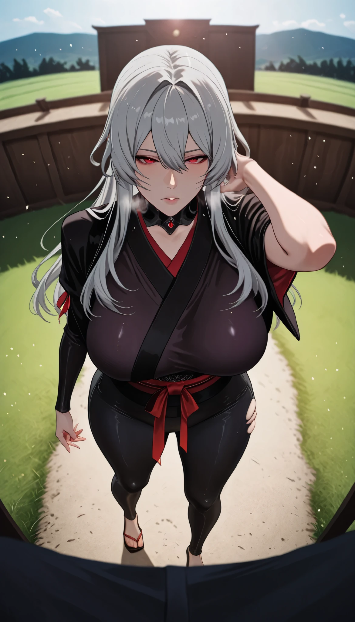 white colored hair , big breastes , Sexy anime woman , looks at us , on all fours , seen from behind , in black bra and panties , beste-Qualit