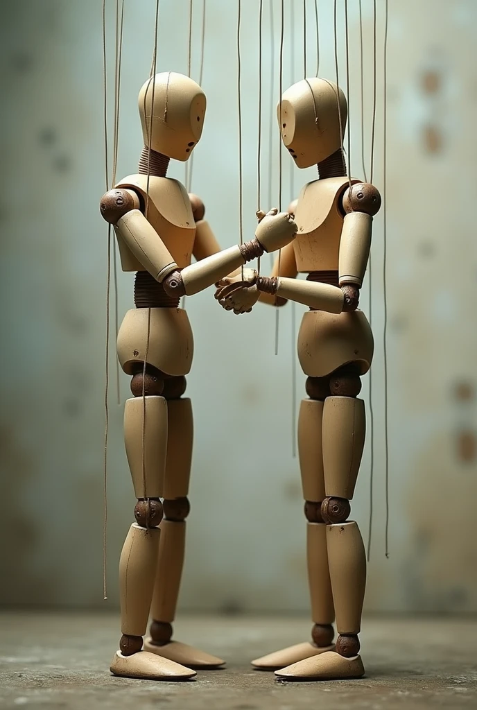 a female hand controlling a man-shaped puppet