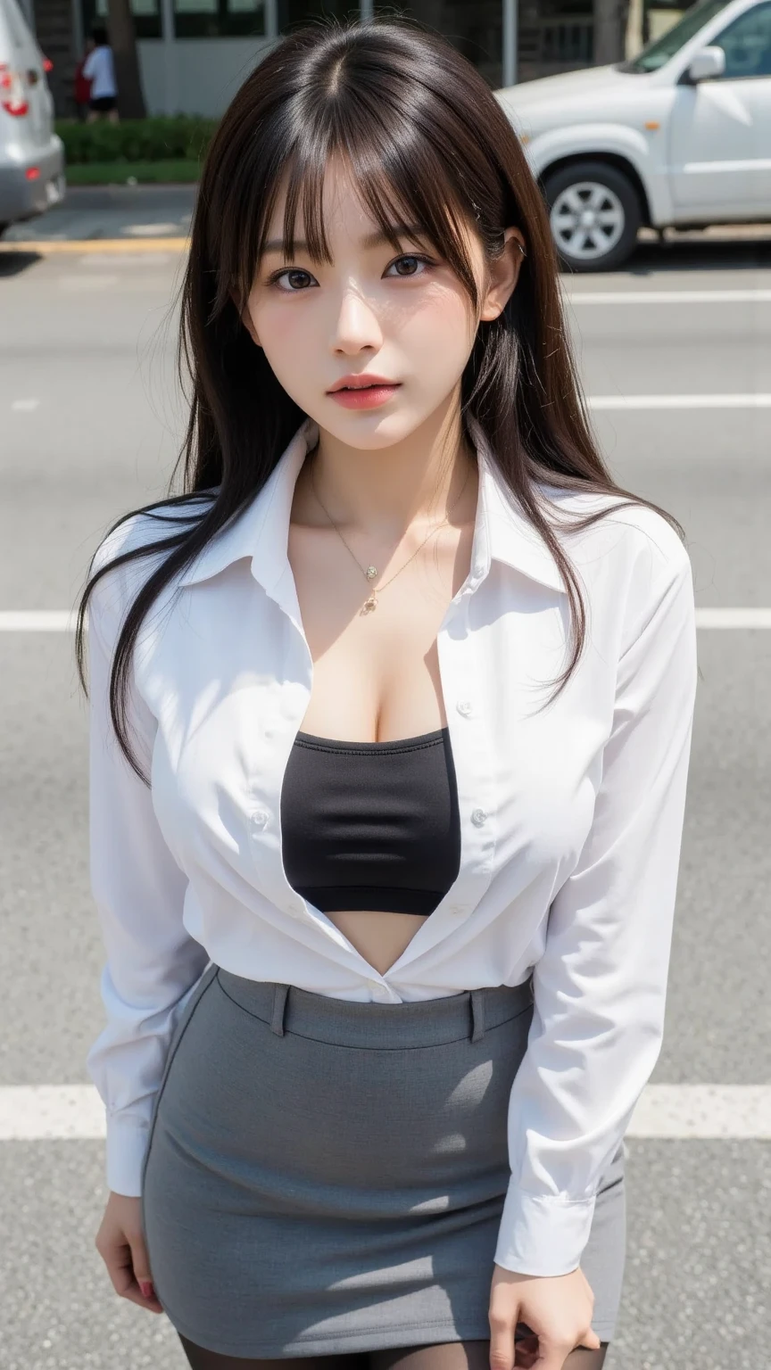 there  a woman in a white shirt, black mini skirt, wearing a lace blouse, sexy outfit, wearing in shirt, wet shirt, revealing outfit, open shirt, cleavage, breasts covered and sfw, , wearing a cute top, very sexy outfit, with a large breasts, in city street, wearing tight  clothes, pretty girl standing in the rain, sexy look,