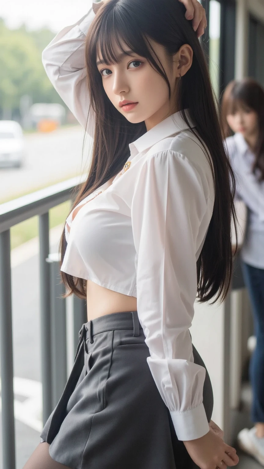 ((phi_clothes:1.4)),((Waist-up nude)), ((big breasts)), ((big breasts)),((wearing necklace)),((naked)),((Waist-up nudes)),((Waist-up nude)),(realistic, photo-Realistic:1.1), closed mouth, 

(best quality), ((masterpiece)), (highres), illustration, original, extremely detailed, (Second dimension series: Sister_v1.0:0.7)zlqs, 1girl, skirt, 独奏, shoes, full body, white background, , brown hair, black skirt, simple background, smile, looking at viewer, jewelry, pleated skirt, clothes around waist, standing, sneakers, bracelet, ponytail, serafuku, neckerchief, sailor collar, bangs, large breasts, socks, purple eyes, jacket, closed mouth, black sailor collar, Realism