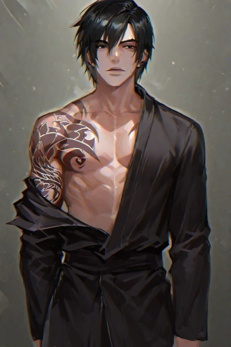 masterpiece, Highest quality, One boy, alone, Men's Center, Angra Mainyu, bandana, bandage, bubble gum, chewing gum, sofa, Black jacket, Black shorts, Lie in, behind, White shirt,