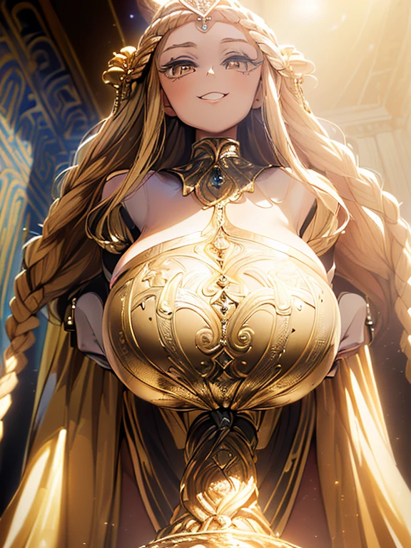 Queen, huge breasts, long golden hair, blue eyes