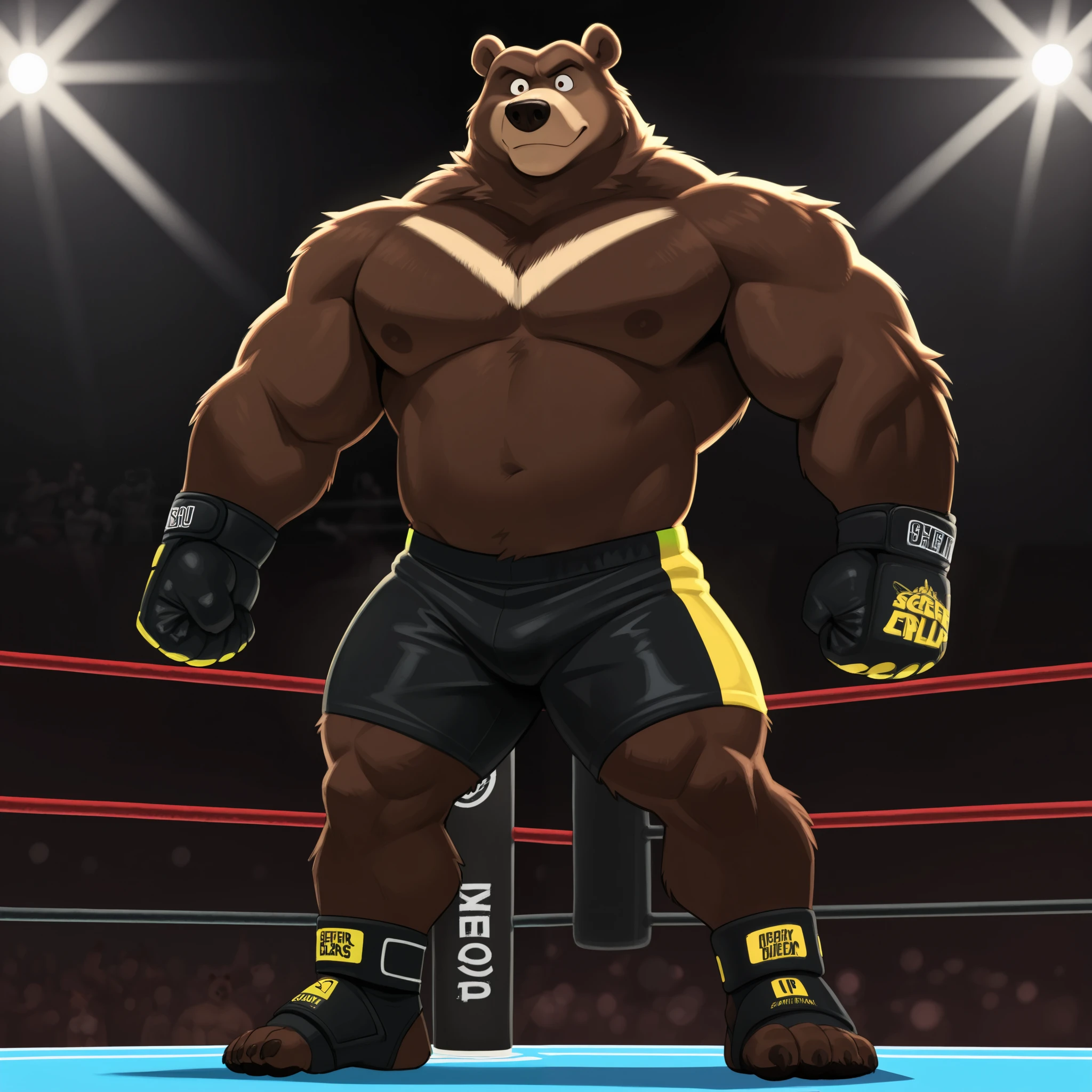 score_9, score_8_up, score_7_up, cartoon_style, ((by BodiPhantom)), 4k, 8k, The best quality, very well drawn, detailed,  high quality, detailed, 4k, high resolution, high quality, high resolution, furry character, ursine, BodiPhantom, Himalayan bear, bear, boy, (sexy), thick arms, huge arms, 350lbs, (dark brown fur)), lights, fighting ring, stances, seething, standing on the caged ring, wearing black MMA shorts with green slits, MMA gloves with knuckle pads, ankle support brace, 
