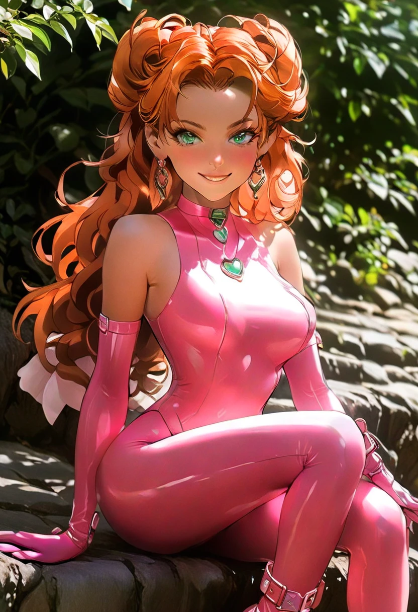 (masterpiece、Highest quality、detailed、HD、Highest quality、High resolution、Solo Character) {{Orange-red hair:(Reddish orange long hair、Light blue eyes、Serious expression、Open Mouth Smile、Beautiful female body、Beautiful feet)、(Pink one-piece leotard、Pink Boots、Pink knee pads、pink arm sleeves、Pink elbow pads、Pink gloves)、(There are no people around、)}}