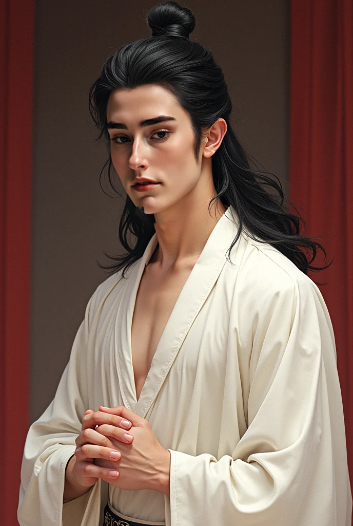 The image shows a handsome young man with very long black hair., suggesting a modern and well-groomed style. Your skin is brown, with an even and healthy tone, revealing a slight natural luminosity.  giving a touch of sophistication to your face.

Your eyes are slightly closed, with eyelids that suggest a state of relaxation or perhaps a soft smile, and lightly pulled, giving a mysterious and captivating appearance. The eyebrows are thin , following the soft and serene expression on the face. 

His overall expression is calm and gentle, with a slight smile that lights up your features, highlighting natural youth and beauty

Your slim and thin

Holding his chest sith both hands
Man