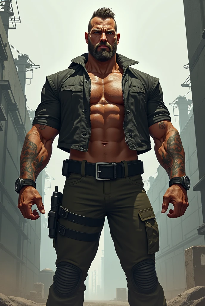 ((High Detail)), ((Sharp focus)), ((HD)), ((perfect eyes)), ((perfect face)), Jason Statham, Handsome Man, Beautiful Man , (Naked, Muscular, Pecs, defined physique)), ((chest hair, big nipples)), ((Sweat, Glistening)), Tight Pants, low rise pants, big bulge, erection, pubic hair, futuristic, holsters, guns, gloves, armor, muscular legs, boots,