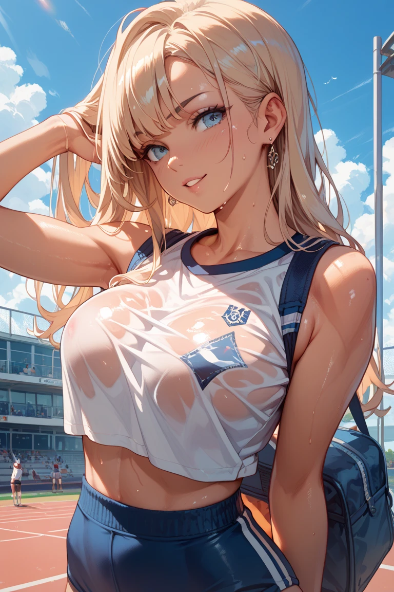 Highest Quality, ​masterpiece, Asuna ba, beautifully detailed eyes, blue eyes, hair over one eye, lightly curled Brown Hair, Gradient Hair, makeup, glossy lips, full lips, large breasts, (cheerleader), cleavage, collarbone, midriff, (school field), smirk