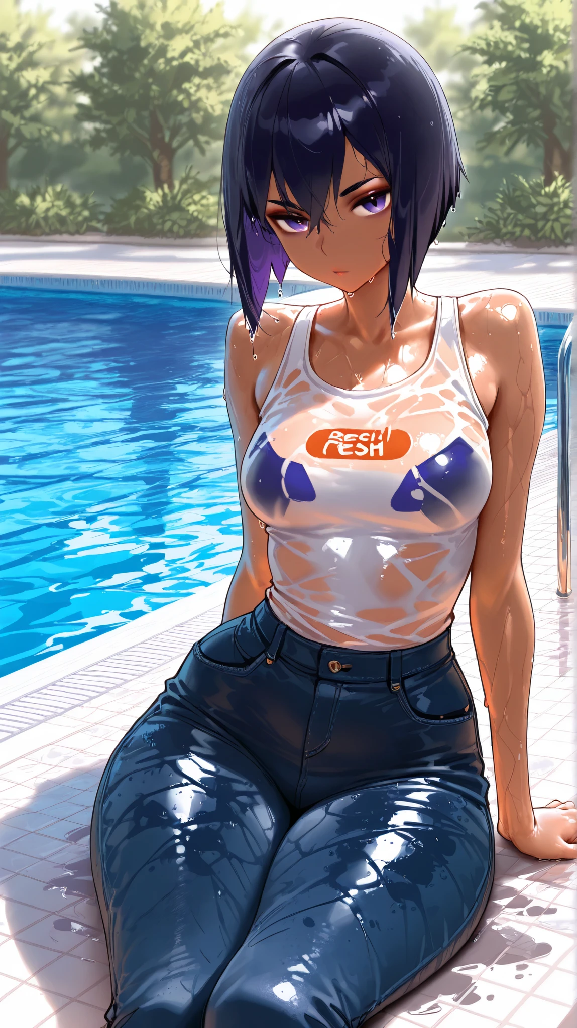 masterpiece, best quality, Incredible Quality, Raven, looking at the spectator, looking at the viewer, sitting, medium breasts, wide hips, wet, shorts jeans, Fresh-bodied , outdoor, by the pool, shadow,