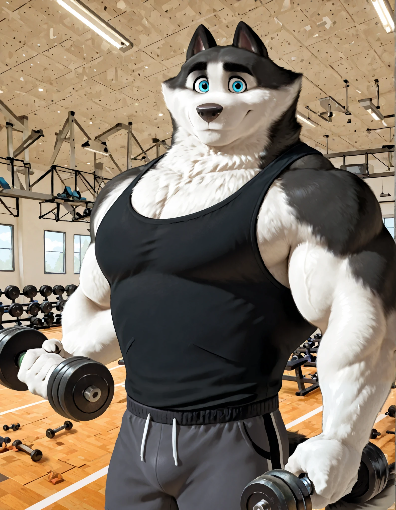 Duke (Arctic Dogs), anthro dog, black fur, white fur, male, blue eyes, high quality, half body, looking at viewer, solo, gym background, thick arms, muscular, black tank top, dark gray gym shorts, dumbbells, working out,