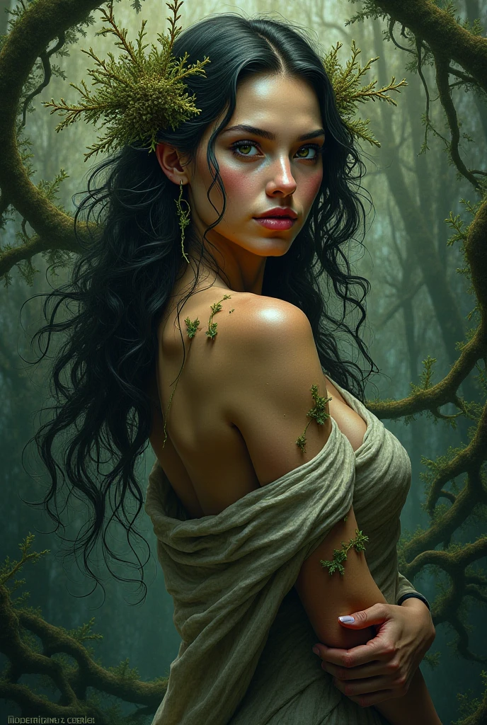 a beautiful young woman (1girl), long flowing hair, nude, covered in mud, running in terror through a dark, overgrown forest, giant carnivorous plants reaching out to grab her, one plant wrapping around her and penetrating her, extremely high quality, 8k, photorealistic, detailed, dramatic lighting, dark and moody atmosphere, fantasy, surreal, sensual