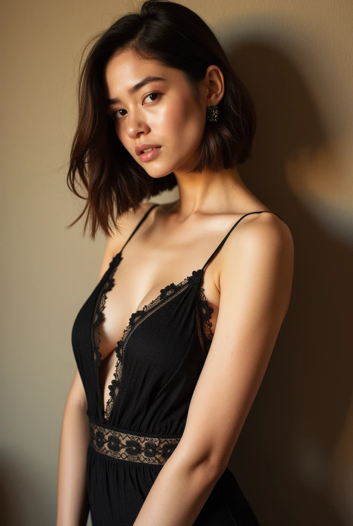 Dream, a striking 19-year-old model with fiery red and black hair, looks absolutely fabulous in a chic black outfit with delicate lace accents. Her ensemble is finished off with eye-catching red accessories, adding a touch of elegance and allure to her already mesmerizing appearance.