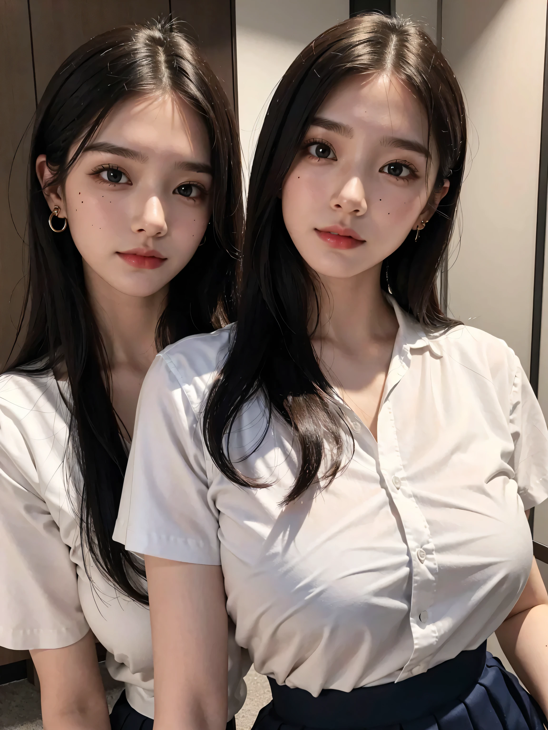 ((Best Quality, 8K, Masterpiece: 1.3)), 2 women kneeling on bed, sticking together, half-body, smile, happy eyes, beautiful woman, (long hair), tight t-shirt, miniskirt, lace, transparent, super detailed face, detailed eyes, double eyelids, interior, bedroom, medium view, sunlight, face light, lip gloss, big breasts