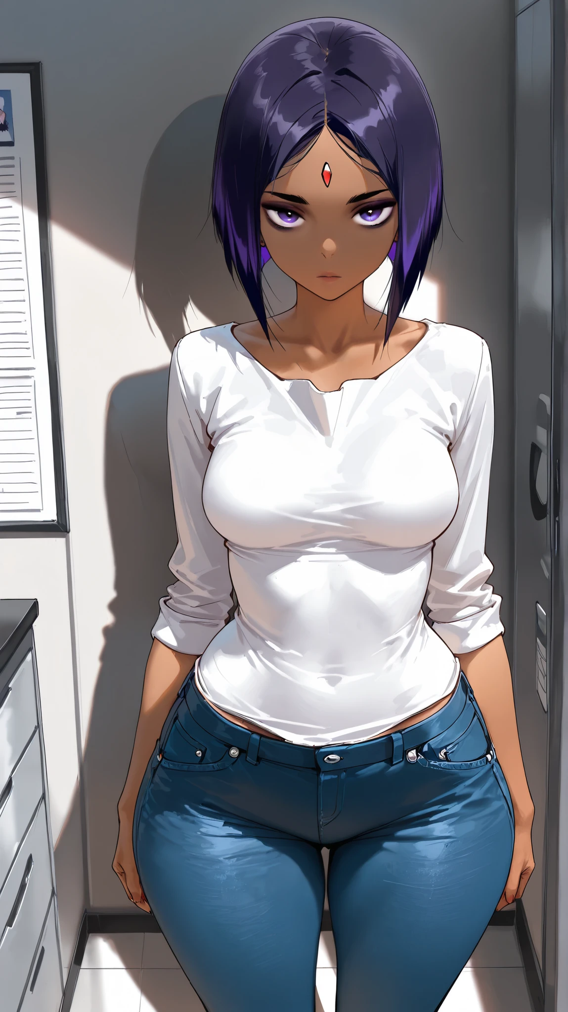 masterpiece, best quality, Incredible Quality, Raven, looking at the spectator, looking at the viewer, standing, medium breasts, wide hips, shorts jeans, in the office , shadow,