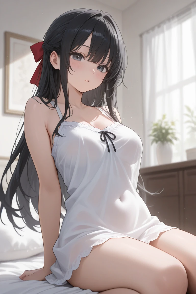 masterpiece, highest quality, One Girl,,(Sleep on your back:1.5), (18-year-old:1.4),Lie in,anime,美的animeの目,smile,alone, Long Hair, (Black Pantyhose), (Black Hair), Straight long hair,Red eyes,(Pleated skirt), Big Breasts,White Hair Band,White shirt, bangs,Bedroom,bed,(Put your arms behind your back),White pillow,(See through:1.3),(Underwear standing:1.4)