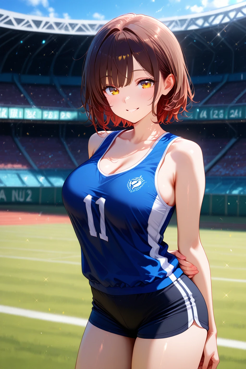score_9,score_8_up,score_7_up,masterpiece,best quality, source anime, realistic, super detailed, extreme detailed, rating_safe,
1girl, solo, 22yo, short hair, bob cut, (blunt bangs), black hair, (tareme, detailed cute brown eyes), curled eyelashes, (large breasts:0.9), 
shiny hair, beautiful detailed eyes, beautiful face,
(sport bra, racing highleg bloomers, athletics uniform), Sprinting, dynamic pose, (sweat), 
Stadium, audience,