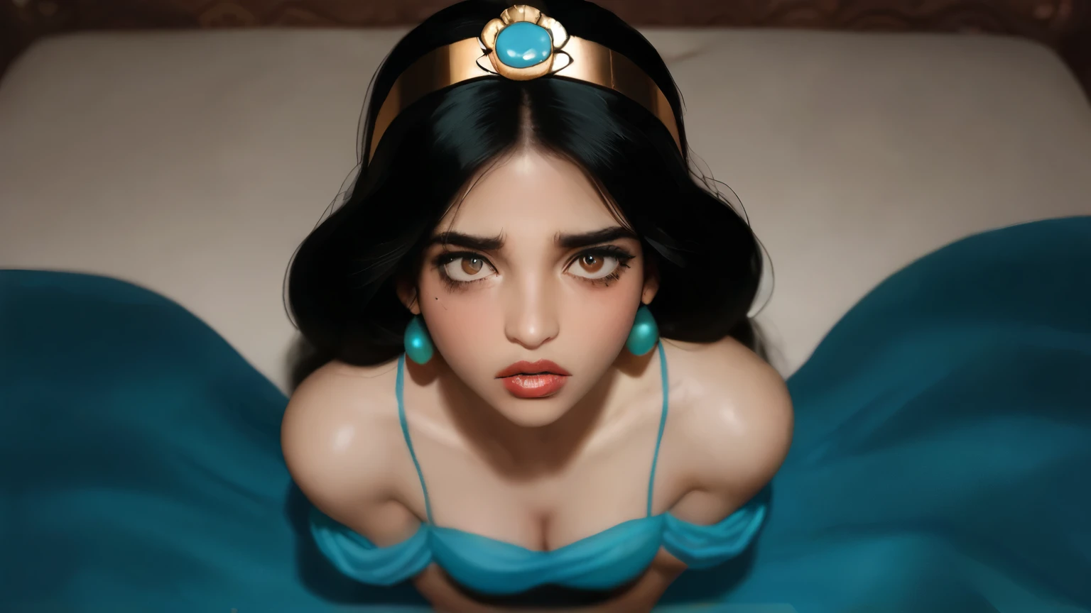 The image should depict Princess Jasmine and Genie from (Aladdin) engaged in a forced vaginal penetration scene. (Viennese Oyster Sex Position), Genie is blue revealed as a muscular entity with ponytail, his beard and mustache framing his menacing grin. Despite her resistance, he thrusts into her, his movements aggressive and domineering. Jasmine has long, dark, flowing hair, and her features are delicate with a warm, nurturing expression on her face. She wears an elegant, soft blue outfit with gold accents, and a subtle, royal headpiece rests on her hair. Jasmine's fair skin glows softly in the dim lighting, accentuating the horror of their encounter. She grits her teeth, tears streaming down her face, as she tries to endure the pain and degradation. Her long dark hair hangs limp over her shoulders, adding to the tragic atmosphere of the bed they lie upon is stained with sweat and blood, a testament to the brutality of their act. The overall ambiance of the image should be dark, disturbing, and violent, conveying the horror of their forced sexual encounter.(perfect face & eyes)