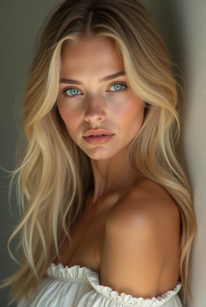 A woman, attractive body, medium complexion, weighing 60 kilograms, very beautiful half naked without blur, light blonde hair with brown roots, Long hair, Hands not visible, no hands