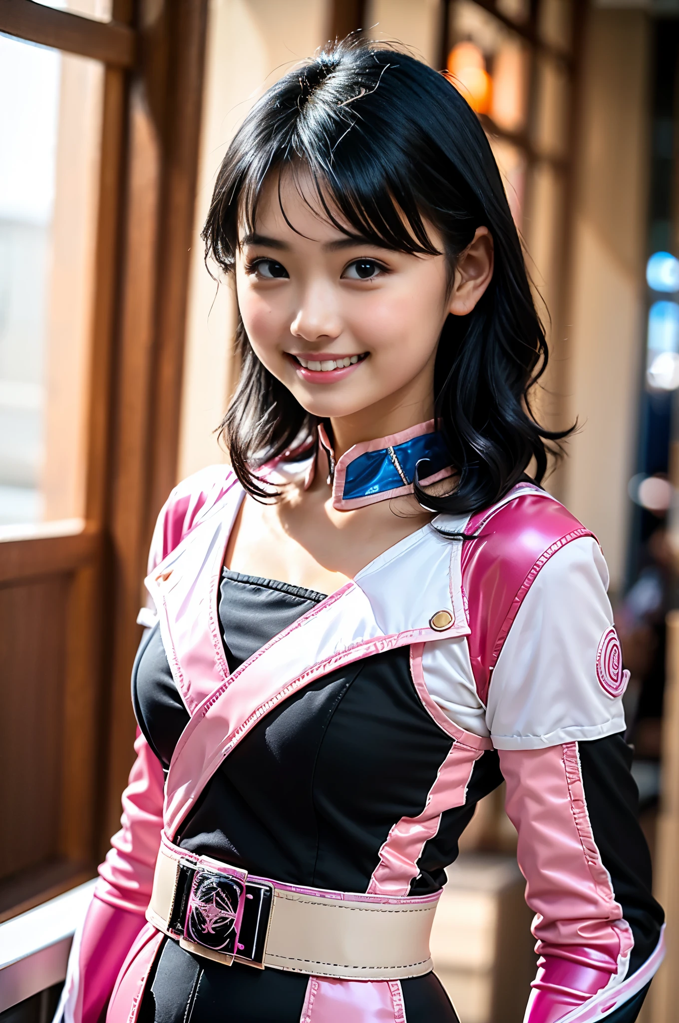 （8K、Raw photography、highest quality、masterpiece：1.2),(black haired、very short hair:1.8),(twin mitsu braid:1.4)、show viewer,Looking at the front,erotic,白いskin,(Bishoujo Sentai、She is wearing a shiny pink ranger costume 。.:1.9)、()、(Clothing that emphasizes the shape of your chest、publish one&#39;skin:1.8)、(big breasts :1.4)、slim body shape、ultra high resolution,beautiful,beautiful fece,(alone、no background:1.9),whole bodyボディー,japanese woman,（Photoreal：1.37）、photon mapping,reality、(Baby-faced and cute: 1.1)、(cute smile: 1.7)、(With a round face: 1.8)、radio city、Physically based rendering、depth of field rally background、photograph, (I can see your knees,bottomless、spread your legs wide、close up of thighs:1.6),whole body、super fine