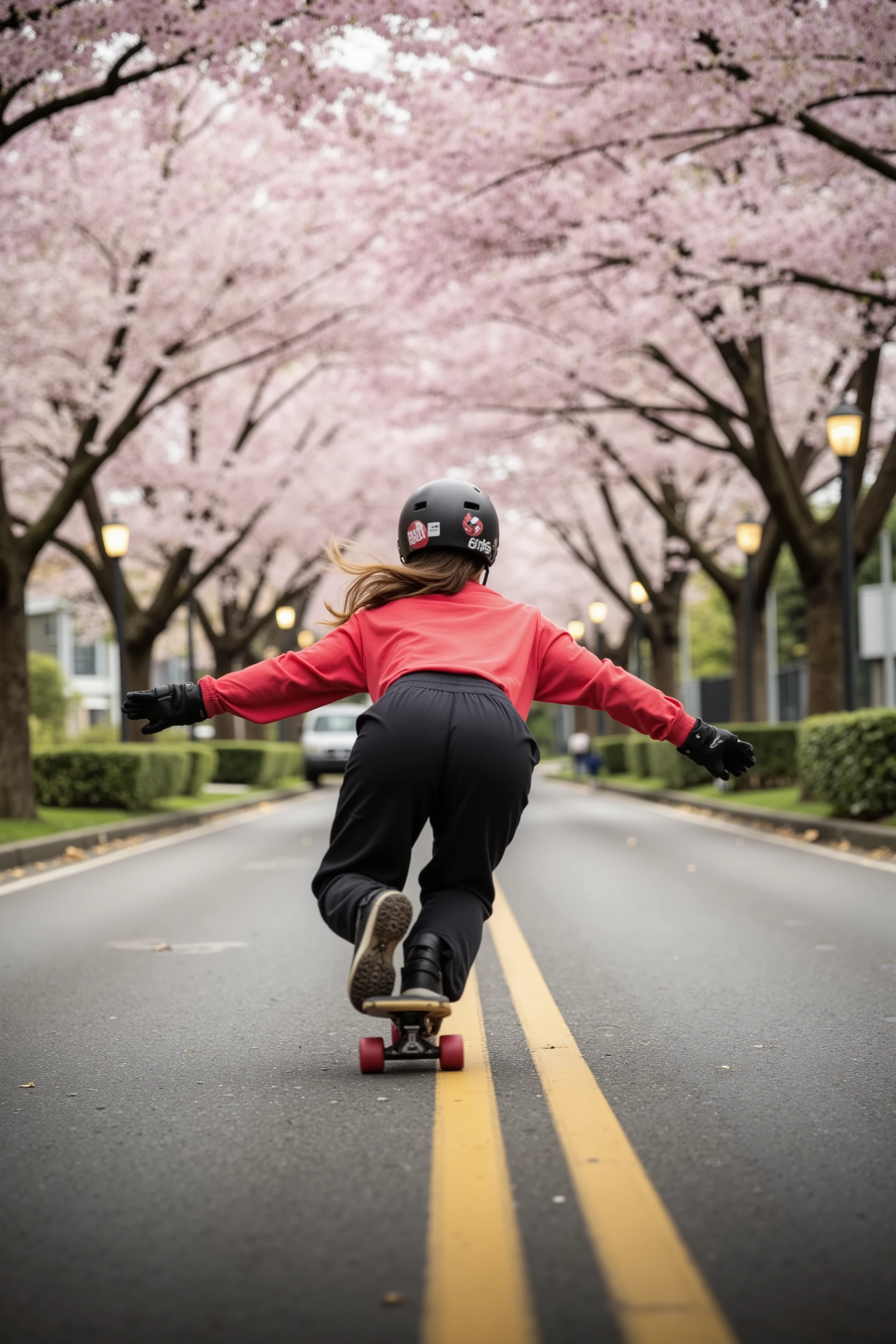 🌟 :
Back view, focus on ass, Ultra-HD 12K action shot, photographed from a moving support vehicle. silent: Dynamic sports photo realism with selective focus - the skater crystal clear, while road and blossoms blur in artistic motion blur.
🌌 :
"A slightly sloping avenue in a Japanese city park: Thousands of cherry blossoms form a pink roof over the moist asphalt road. In the background, lanterns blur into golden light strips. The roadway reflects the flower canopy as a pink glow."
😈 :
"Eine feminine Inline-Skaterin in skater-Outfit: wide black skater pants, which accentuates her dynamic movement. Her neon red wide shirt flutters in the wind, Her helmet is covered with cherry blossom stickers."
🔥:
"Professionelle Speed-Position: ((Bent low with almost wafer straight upper body, (Ate stretched out):1.9)), hands behind our back entangled. Her right leg is extended backwards, The left strongly angled. sparks from aggressive 110mm wheels. A cloud of pink flowers swirls behind her on."