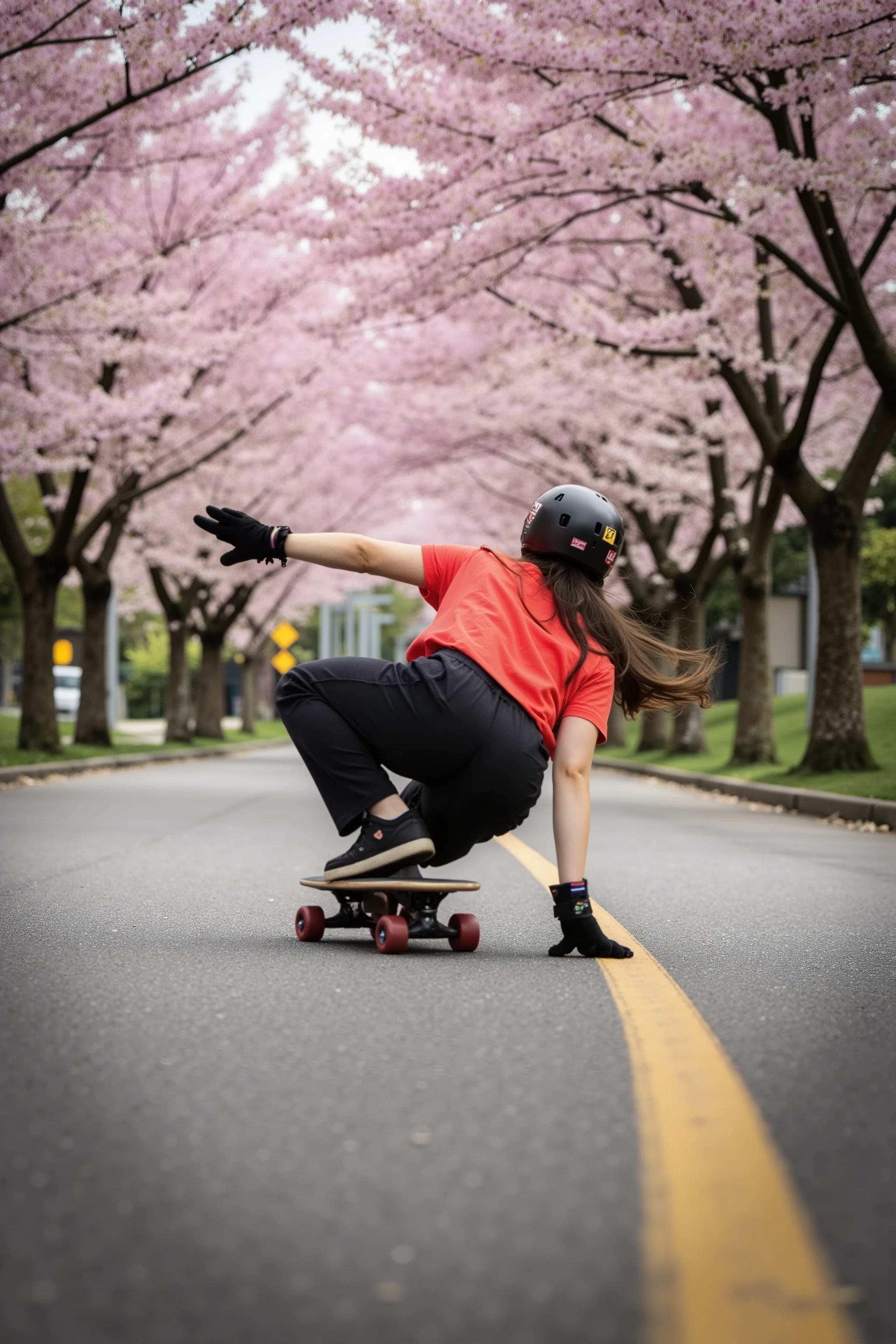 🌟 :
Back view, focus on ass, Ultra-HD 12K action shot, photographed from a moving support vehicle. silent: Dynamic sports photo realism with selective focus - the skater crystal clear, while road and blossoms blur in artistic motion blur.
🌌 :
"A slightly sloping avenue in a Japanese city park: Thousands of cherry blossoms form a pink roof over the moist asphalt road. In the background, lanterns blur into golden light strips. The roadway reflects the flower canopy as a pink glow."
😈 :
"Eine feminine Inline-Skaterin in skater-Outfit: wide black skater pants, which accentuates her dynamic movement. Her neon red wide shirt flutters in the wind, Her helmet is covered with cherry blossom stickers."
🔥:
"Professionelle Speed-Position: ((Bent low with almost wafer straight upper body, (Ate stretched out):1.9)), hands behind our back entangled. Her right leg is extended backwards, The left strongly angled. sparks from aggressive 110mm wheels. A cloud of pink flowers swirls behind her on."