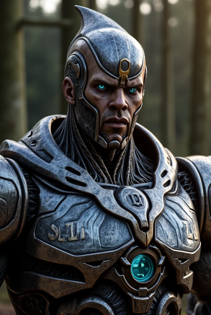 A portrait of a (masterpiece, best quality:1.3) (black rock humanoid:1.2) with a muscular male form, barechested, showing cracked skin with (white electricity emerging through the cracks:1.1), subtle (dragonborn:0.6) traits, white hair flowing, outdoors setting, intricate depth of field background, HD resolution, contrasts of texture and color, detailed elements, raw power visualized, ambient lighting, captured essence of elemental strength,