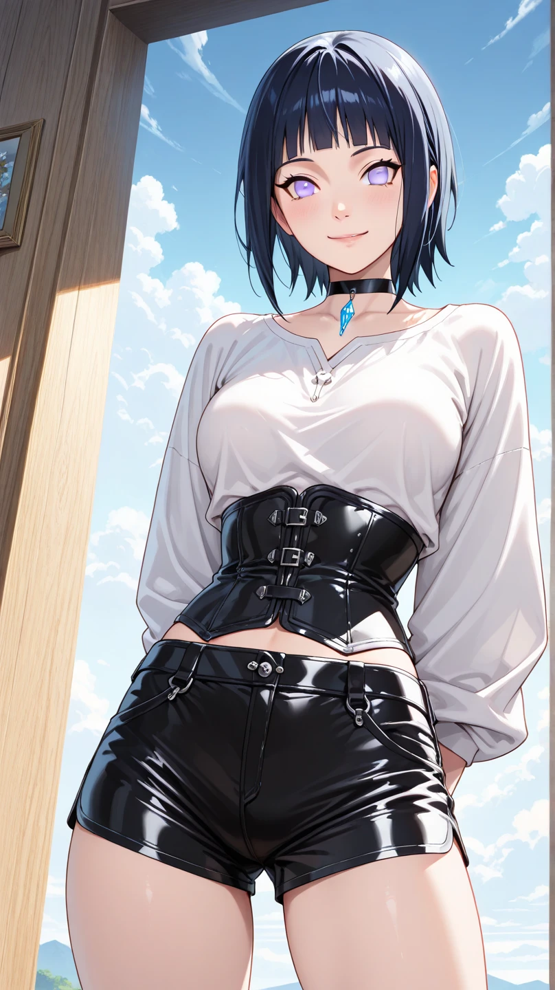 a sexy girl,Shizuku Murasaki, hxh, black hair, short hair ,short-layered black hair with, black glasses, black longsleeve, blue jeans, big eyes, golden cross pendant, spider tattoo on abdomen, big ass, view from behind