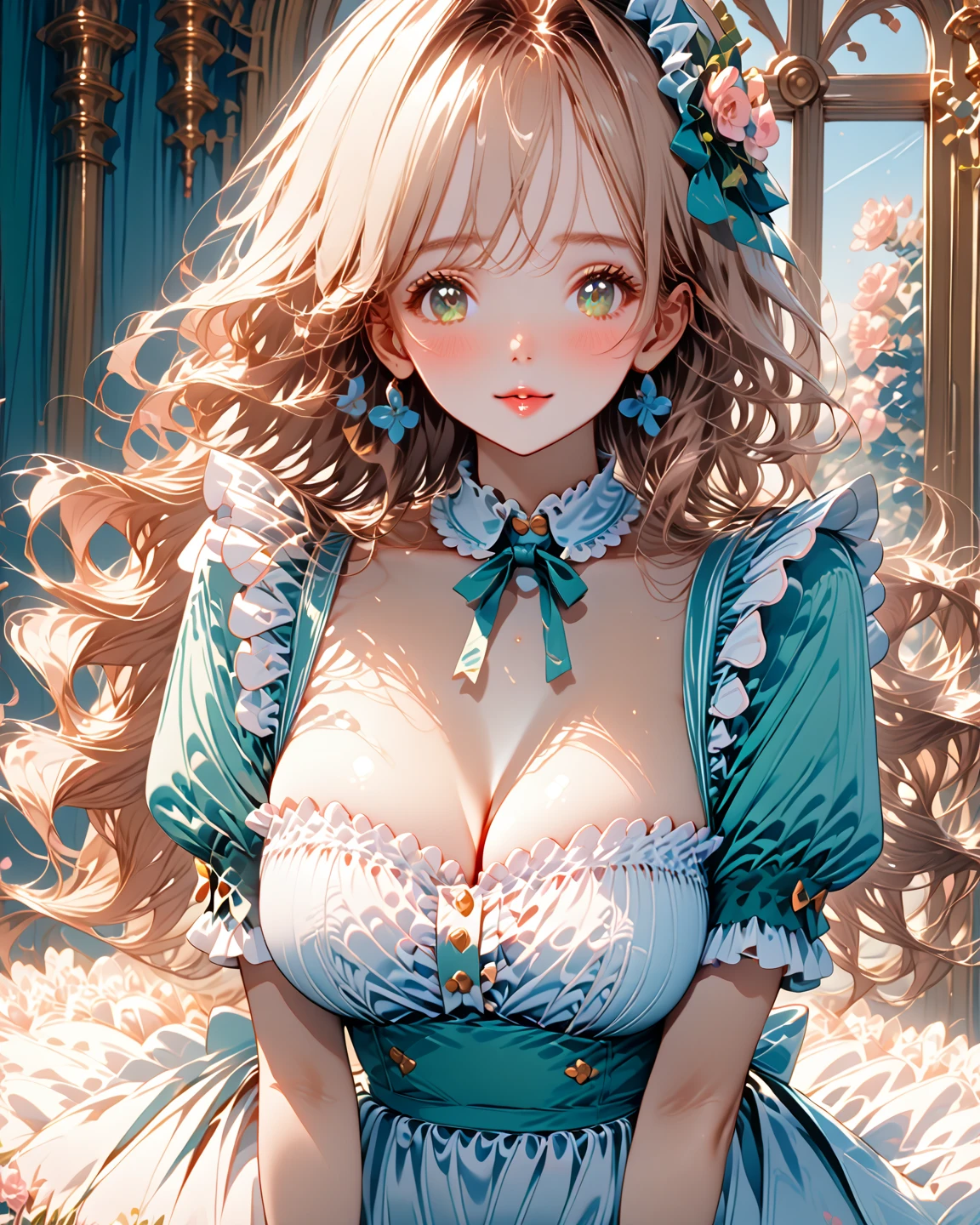 (masterpiece, best quality,extremely detailed:1.1),(moe anime art style:1.2),1girl,((full body,focus face)),((solo)), cute, kawaii,digital art,((1 gorgeous anime princess wearing beautiful embroidery and jeweled gorgeous princess rococo ballgown with voluminous full length hoop skirt)),((crinoline)),long train,voluminous frills,(gorgeous embroidery and beautiful lace),((very gigantic boobs,skindentation)),cleavage,shiny hair,(((very long hair,large amount of straight hair))),((finely detailed face and eyes)),clear pupil,extremely gorgeousfull hair ornament,(bling-bling jeweled extremely gorgeousfull tiara),(bling-bling gorgeous gemstone jewelry),long veil,beautiful background,fantasy background,flowers,flower petals flowing,full body,((beautiful embroidery and jeweled ruffled gorgeous princess rococo ballgown with voluminous full length hoop skirt))