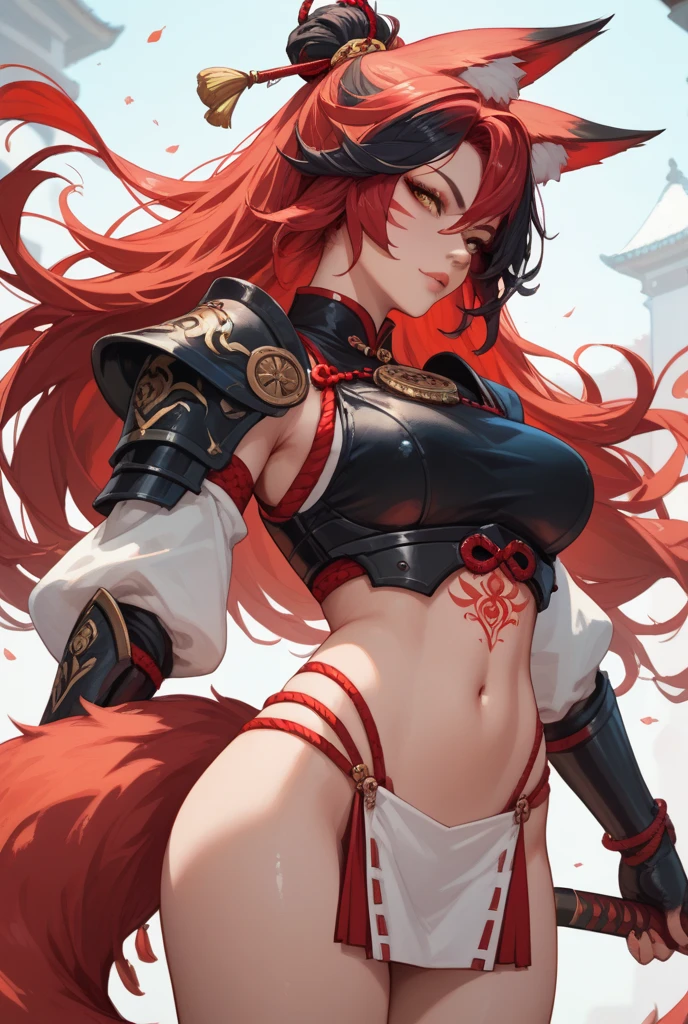 (obra de arte, melhor qualidade, ultra detalhado:1.3), perfect composition, 4k, (extremamente detalhado, hiper detalhado), soft lighting, CRU, HDR, Texturas 8K, detalhe extremo, textura da pele altamente detalhada, epic details, Alta nitidez, 1 meninas, areolas, perna dobrada, seios grandes, camel toe, tapa-olho, Female, Female only, roupas japonesas, olhando para o espectador, espreitar o mamilo, mamilos, olhos vermelhos, cabelo vermelho, Sozinho, coxas grossas, Correia
