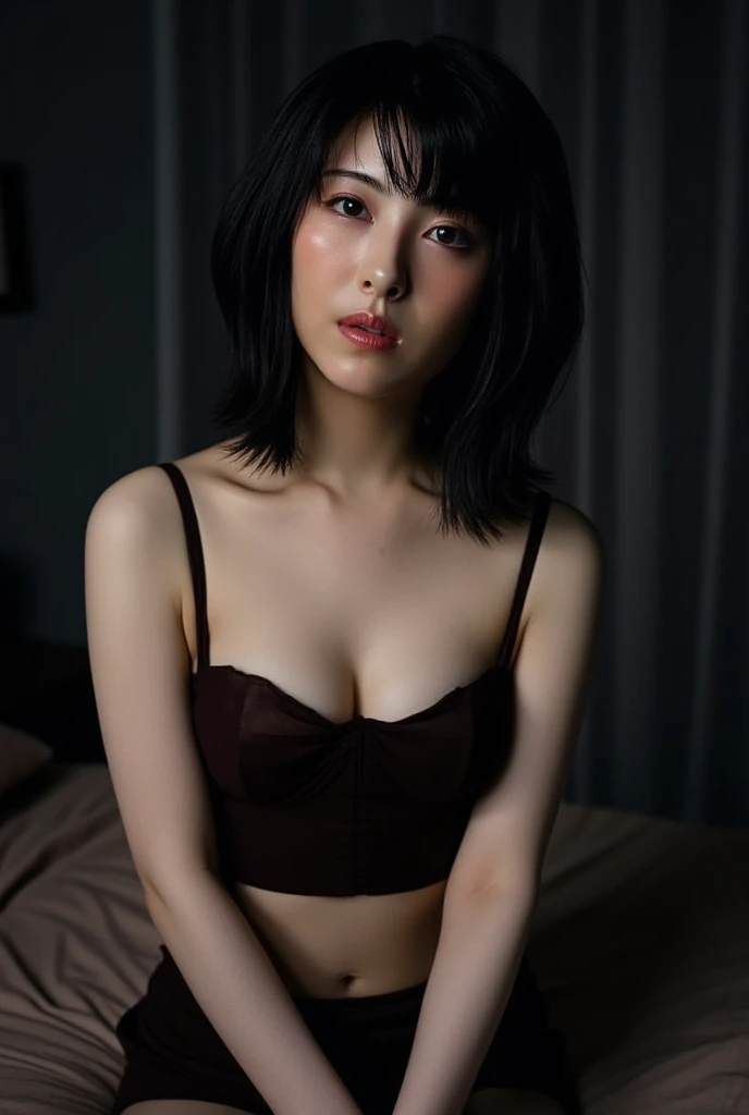 (high resolution、high quality、High resolution、detailed、8k、masterpiece)、超A high resolution、(Photorealistic:1.3)、RAW Photos、1 girl、A boyish girl with short hair and a bewitching charm、naked、Black jacket、sitting deep on the sofa、(A dark, gothic room)、((Amazingly cute))、wild、sexy、Healthy Body、22age、((Ultra-Realistic Details))、Portrait、Global Illumination、Shadow、Octane Rendering、8k、Super sharp、Beautiful breasts、Beautiful Eyes、非常に複雑なdetailed、Realistic Light、CGSoation Trend、ネオンのdetailed、The light is gentle、wide shot、full body、It feels like you're really there、Dignified、Black Japanese SM rope、Perfect Ass