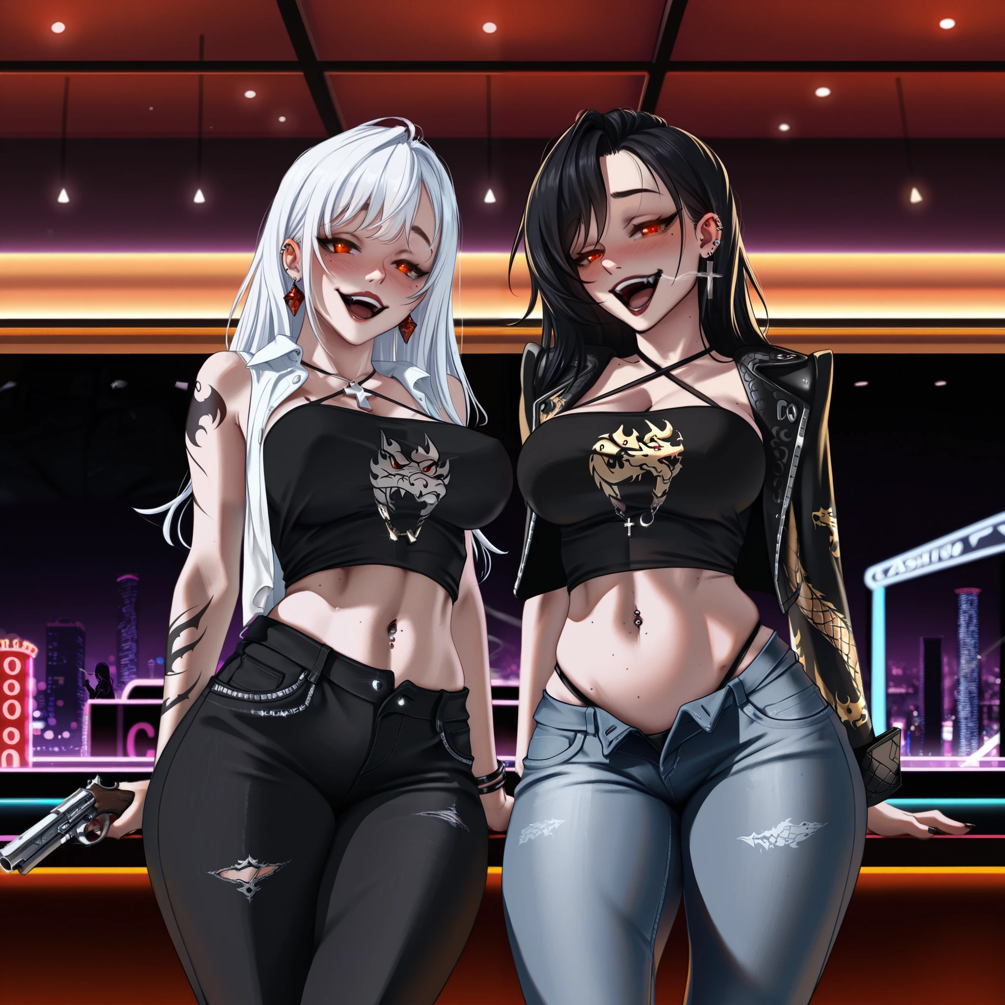 Score_9, score_8_up, score_7_up, score_6_up, score_5_up, score_4_up, source_anime, solo, ((2girls)), mature female, weiss schnee, dark skin, dark-skinned female, makeup, eyeshadow, Gyaru, tanned skin, shiny skin, metallic tan, colored skin, jet-black skin saliva, piercing BREAK blake_belladonna, light blush, glass, bar, dim lighting, drunk, horny, inviting to join