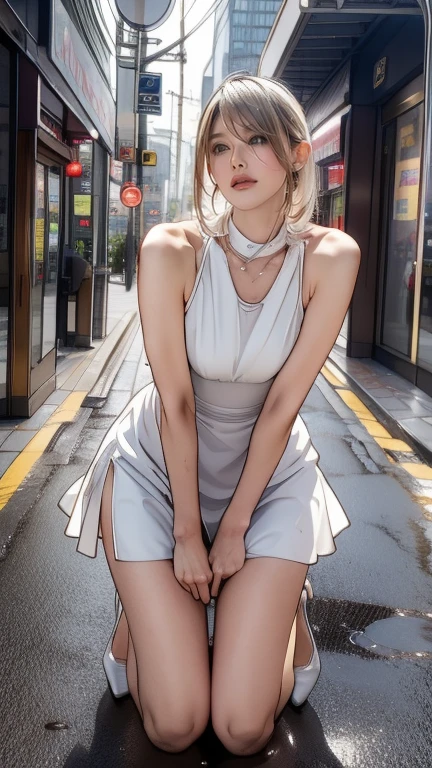 Ultra realistic, silver-haired girl, seductive leaning forward detailed skin, pale-white (highlighted) skin, ultra realistic, 16k, high quality, picture-perfect, flawless, clean, masterpiece, professional artwork, detailed artwork, cinematic lighting, cinematic bloom, realistic shading, ((short silver hair)),(1girl,  beautiful korean girl),perfect face, (young:1.1),((fit figure)),((25 year old)), beautiful face, beautiful turquoise-blue eyes (cute eyes look), detail eyes, detail face, (((perfect female body, narrow waist))),(large breasts:1.3)lora:GoodHands-beta2:1>, , ((girl standing)),upper body, white shirt, miniskirt and pantyhose clothing (realistic texture), blade to side, strike pose,blade down,blade right hand,, cherry blossoms,, blurred background  (masterpiece, best quality, high quality, highres, ultra-detailed), different poses at different angles. 