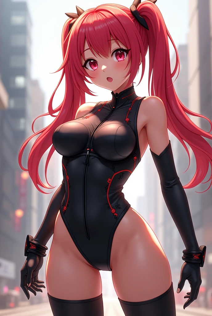 obra de arte, melhor qualidade, mais alta qualidade, fotorrealista, anatomia perfeita, rosto perfeito, olhos perfeitos, leotard red thong, bumbum amostra, water hair, faixa de cabelo vermelha, luvas vermelhas, seios amostra, olhos azuis, saia, gargantilha, 1 garota, ao ar livre, pose sexy, cidade futurista noite cyberpunk.