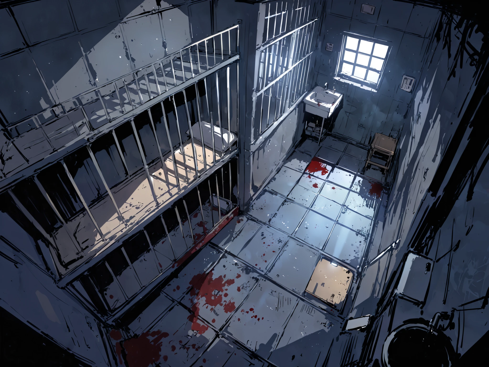 Prison cell with only one small windows, blood the ground, night time, wet and dirty floor, intricate sketch, A small ray of light coming from the only one small Window, highly detailed, An old, dirty, damp prison cell with one benche, A sink and A bunk bed, dark embiance
