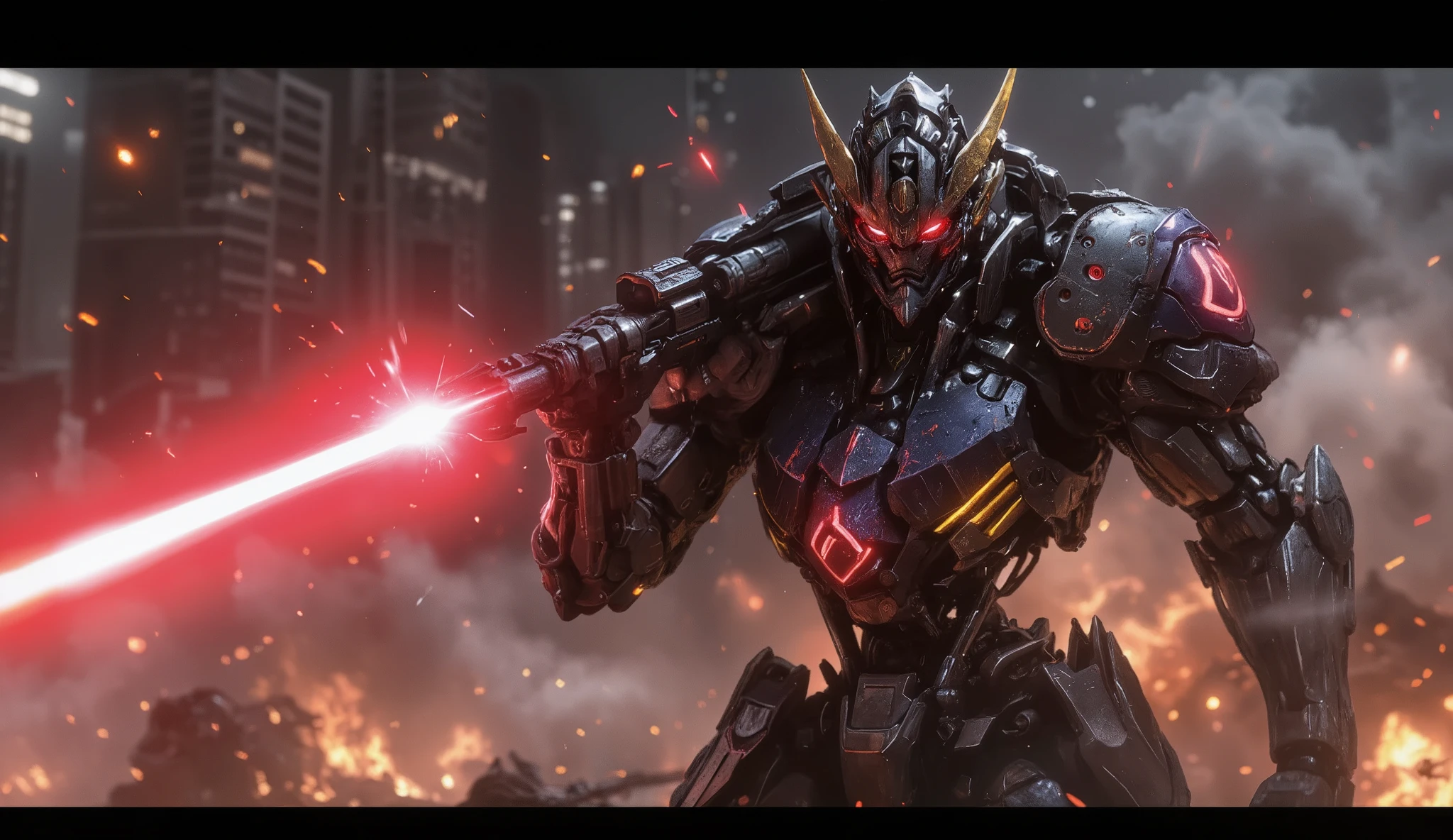 REAL MECHANICAL PARTS, heavy Metal, Darkness, threatening 、details, Mechanic、high image quality, 4K、8k、16k、best quality, high definition, dynamic lighting, Rough textures , shading 、real、high image quality、realistic、top quality、masterpiece、超details、Refined and sharp aircraft design、((Hold a charged laser gun emitting super large red rays in your right hand))、detailsなデザイン、((REAL METAL TEXTURE))、Metal、 full body view、Design simples、Functional Design、perfect color balance、((REALISTIC URBAN BATTLEFIELD WITH BULLETS FLYING AROUND AND DUST))、 EXPLOSION、(超high definition)、Mechanicパーツ、Real{ x} Both eyes are in bright red、I'm not wearing a cover