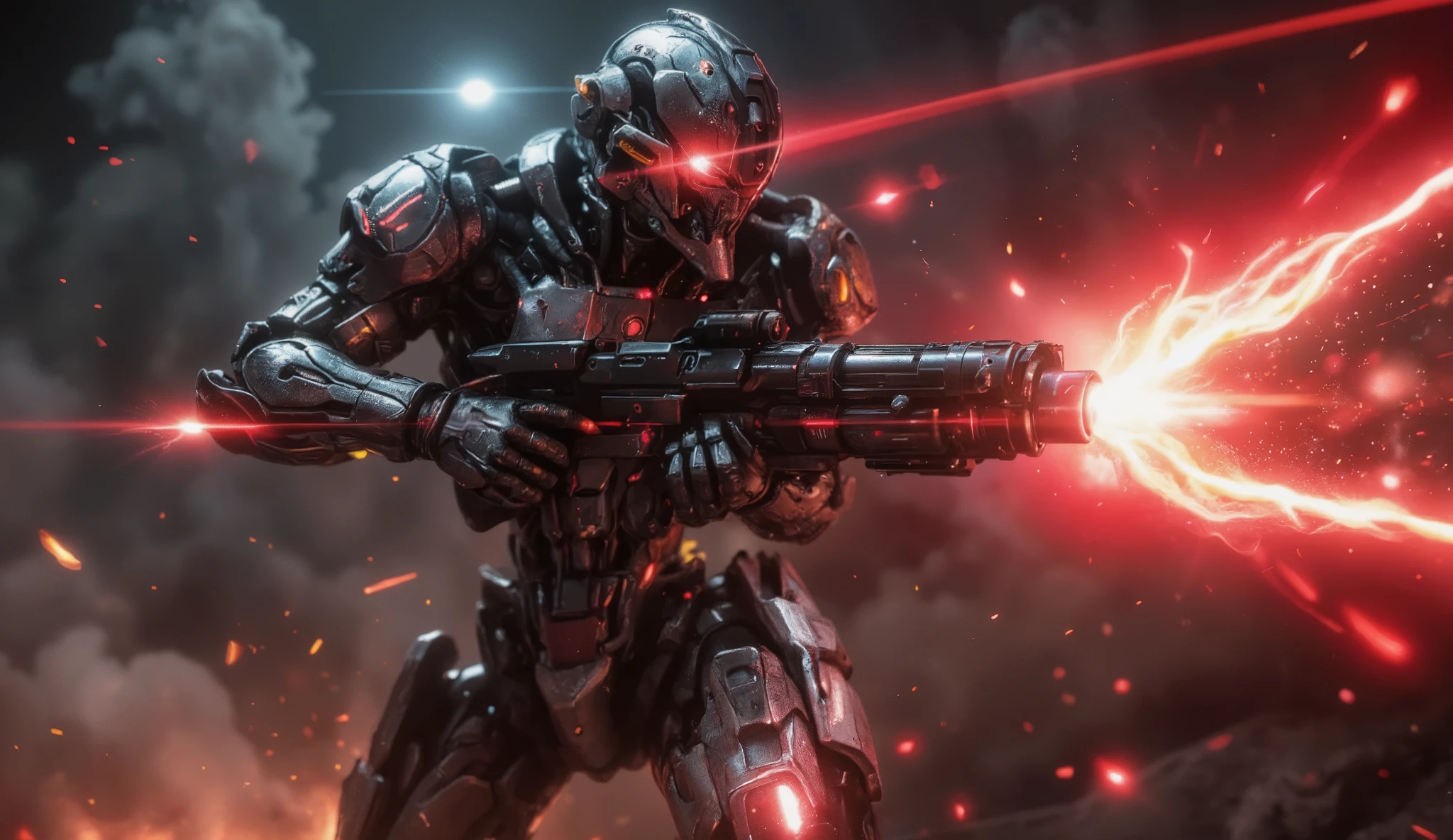 REAL MECHANICAL PARTS, heavy Metal, Darkness, threatening 、details, Mechanic、high image quality, 4K、8k、16k、best quality, high definition, dynamic lighting, Rough textures , shading 、real、high image quality、realistic、top quality、masterpiece、超details、Refined and sharp aircraft design、((Hold a charged laser gun emitting super large red rays in your right hand))、detailsなデザイン、((REAL METAL TEXTURE))、Metal、 full body view、Design simples、Functional Design、perfect color balance、((REALISTIC URBAN BATTLEFIELD WITH BULLETS FLYING AROUND AND DUST))、 EXPLOSION、(超high definition)、Mechanicパーツ、Real{ x} Both eyes are in bright red、I'm not wearing a cover