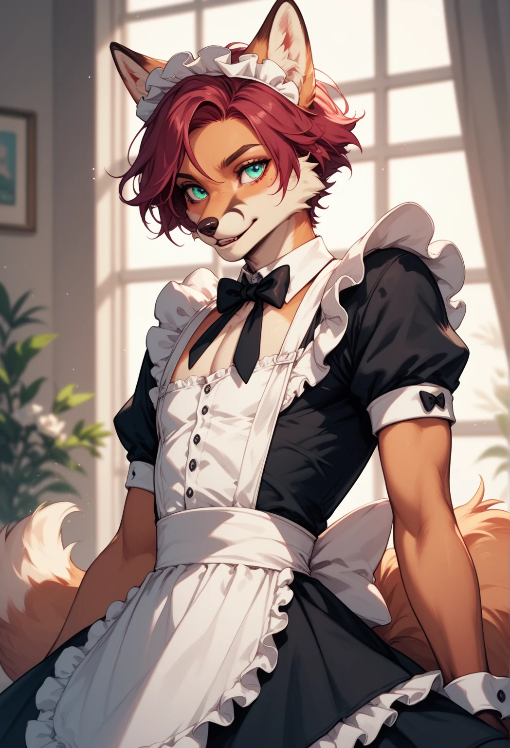 Highest quality, Highest quality, High quality illustrations, masterpiece, Ultra-high resolution, Detailed Background, room, On the bed, Absurd, Perfect Anatomy, Performance, Good lighting, Shadows in the movie(kemono, Furry Personification), Rubber suit, Rubber Suit, latex, Earrings, Maid clothes, male, null bulge