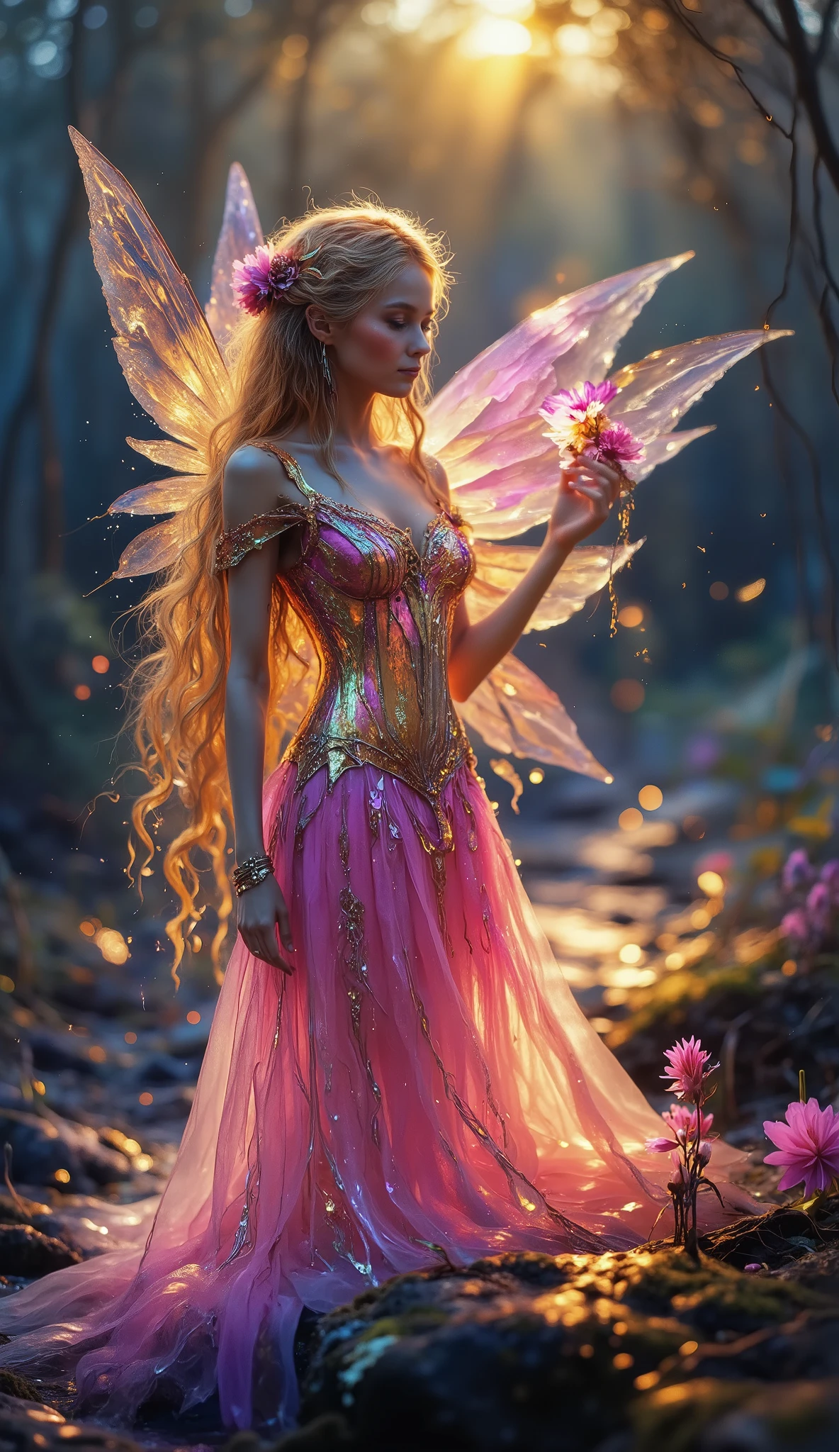 ((masterpiece)) ((photography)) ((Highest quality)) A beautiful blonde fairy with long, flowing golden hair, dressed in an elegant pink gown with delicate, shimmering textures. Her large, translucent pink wings glow softly, reflecting the ethereal light filtering through the dense, mystical forest. The atmosphere is enchanted, with bioluminescent plants, floating fireflies, and a soft magical mist swirling around. The fairy has an elegant and serene expression, her eyes sparkling with wisdom and magic, as she gracefully hovers above a moss-covered stone, surrounded by glowing flora.