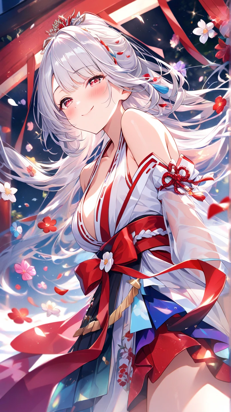 {{{{masterpiece}}}}, {{{hyper detailed}}}, {{{highres}}}, {{good anatomy}}, (((best quality))), ((an extremely delicate and beautiful)), {{an extremely detailed and delicate}}, {8k cg wallpaper}, {{illustration}}, (greyscale with colored background:0.8), (white and black background:1.1), (flowers:1.2), (chromatic aberration:1.2), mature female, (1girl:1), solo, oiran, (japanese clothes:1.2), (pale face:1.2), medium breasts, (cleavage:1.2), hiten1, <lyco:fuzi-loha-v2a:0.6>, <lora:Oiran:0.7>