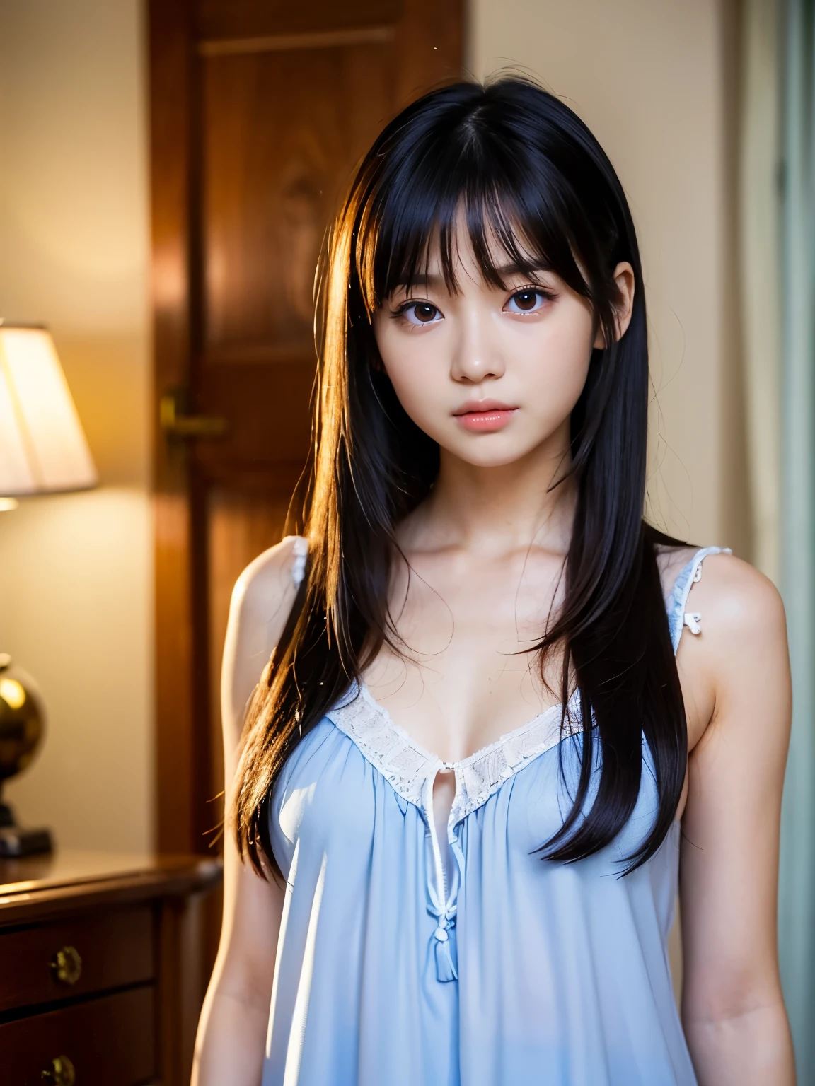 (masterpiece, highest quality:1.4), award-winning portraits, 8K, 85mm, alone, beautiful face, delicate girl, violaces, gardenia, grace, Sophisticated, cute, , looking at the viewer, 15 yw photo, disorganized, HDR, sharp focus, background bokeh、(((flat 、thin and delicate body、A childish atmosphere、basement)))、Her shiny semi-long hair is tied up、swaying hair、Mole on the left cheek、large, round, dark blue eyes、full body、random pose、Junior idol、Nogizaka Idol、mole under eye、sexy、naked、topless