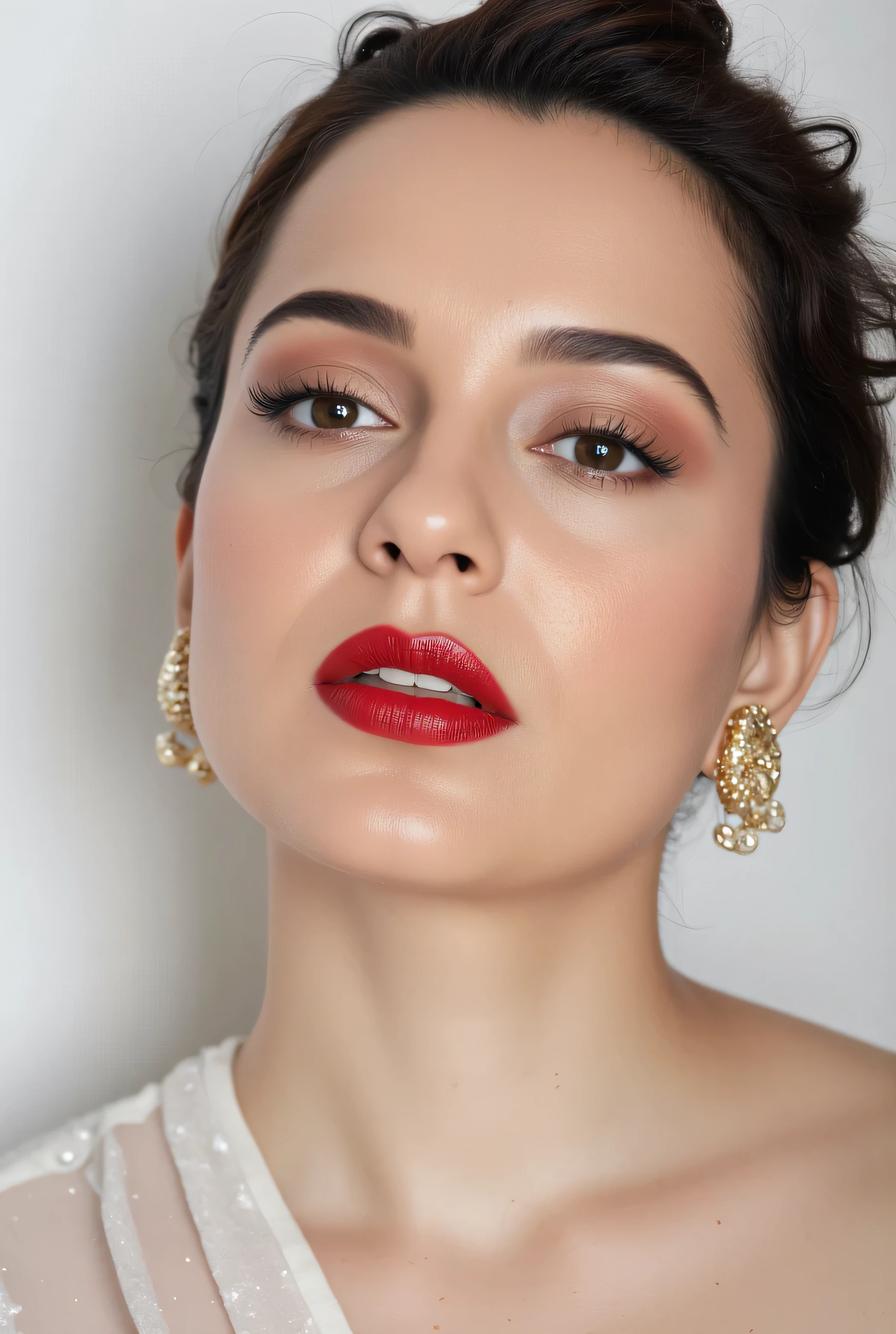 A close-up of the red lips and nose of an elegant woman against a white background, in the style of Greg Rutkowski, rendered in dark azure and light gray, hyper-realistic and photo-realistic photography, presented at high resolution from multiple angles in high quality --ar 1:2 --personalize 2gwf1qc --stylize 750 --v 6.1