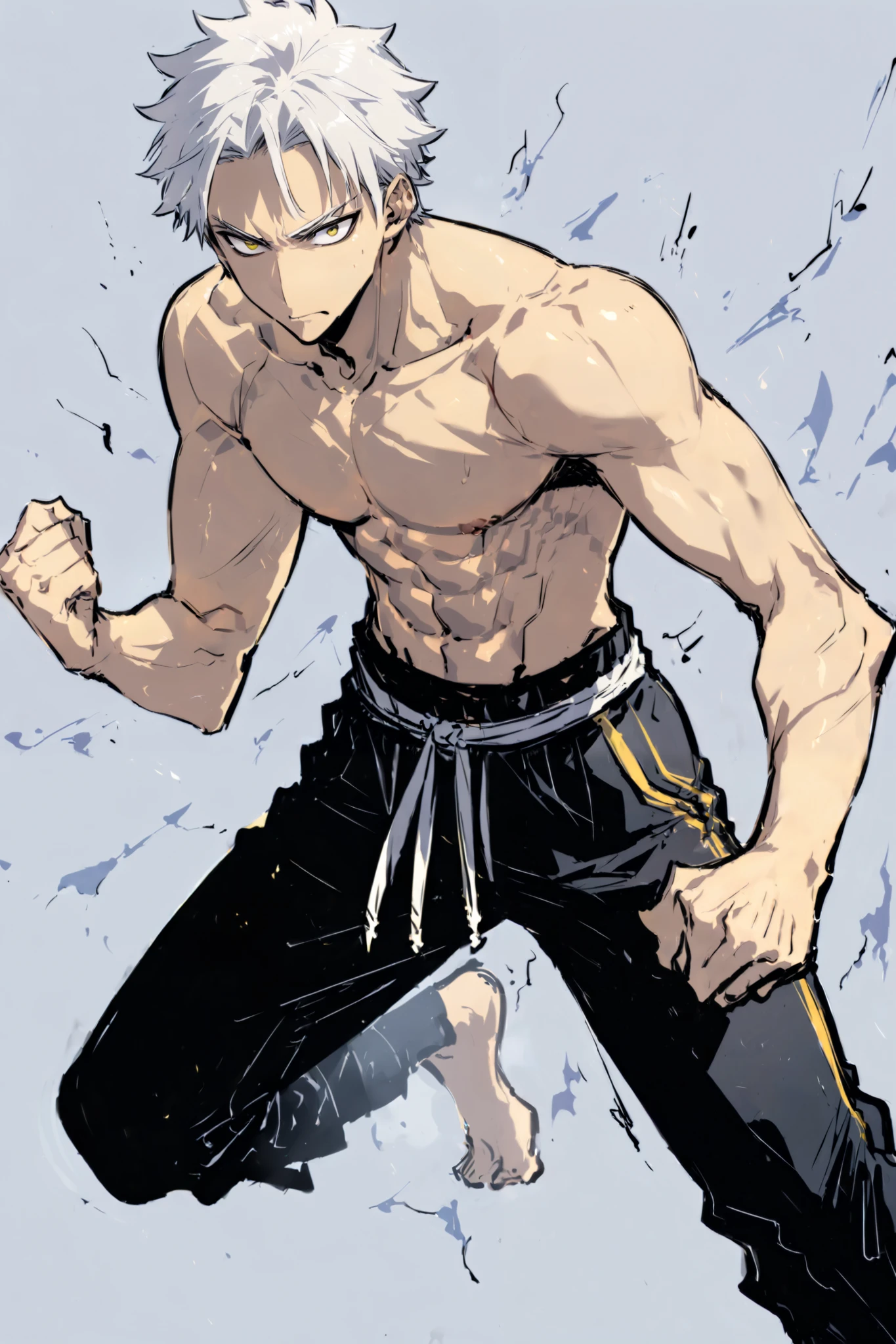 Handsome, Athletic, alone, male, Short spicky hair, long white hair, black yellow eye, no shirt, black pants, , intricate sketch, expressive eyes nose and mouth, Abs, simple pose, clench fist, martial art stance