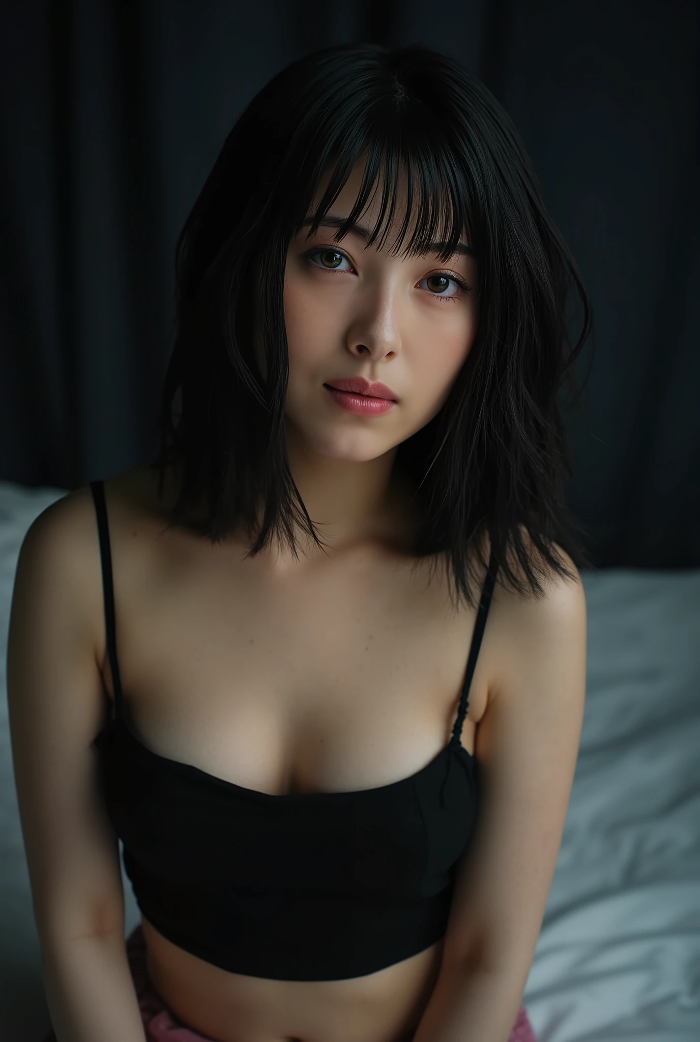 Woman lying in bed、Black Hair、Green Eyes、short hair、（Big Breasts：1.2）、good、White bra、White Micro Bikini Pants、、Indoor break、office、Breaking the crowd（masterpiece：1.2）、highest quality、High resolution、Unified 8k wallpaper、（shape：0.8）、（Fine and beautiful eyes：1.6）、Highly detailed face、Perfect lighting、Highly detailed CG、（Perfect hands、Perfect Anatomy）