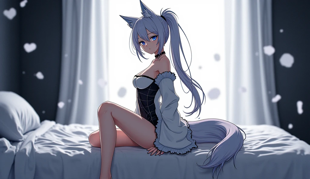 Beautiful young girl, long white hair, blue eyes, dimly-lit, bedroom, kitsune, fox-ears, fox-tail, lingerie.
